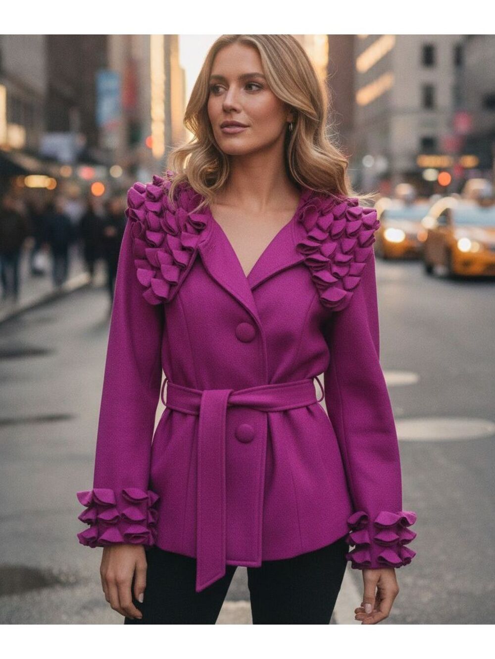 Feratelli Purple Wool Blend Belted Jacket‎ with 3D Petal Detailing Sz XL